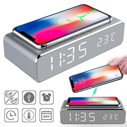 LED Alarm Clock with Wireless Charging & HD Mirror Display