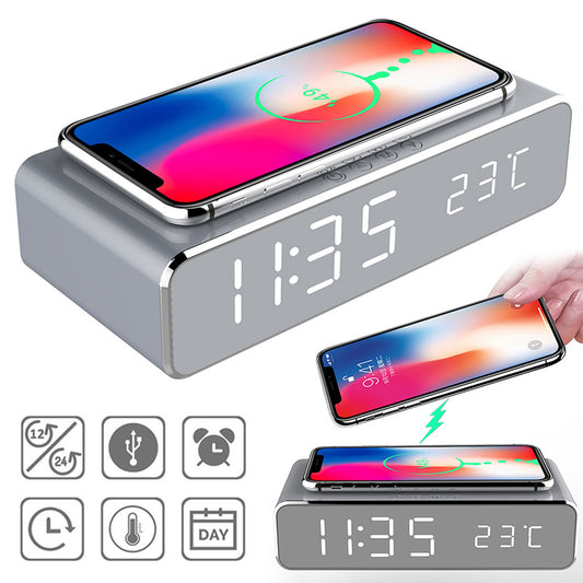 LED Alarm Clock with Wireless Charging & HD Mirror Display